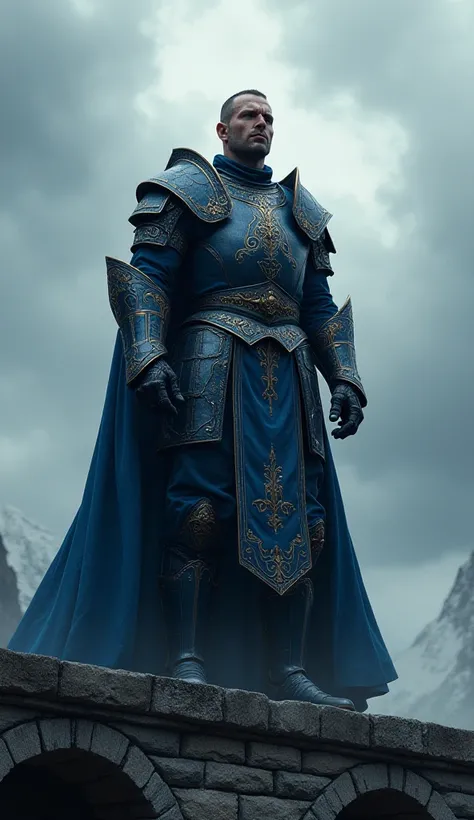 "A medieval army leader, dressed in dark blue armor with intricate metallic details, posing on a stone bridge under a cloudy sky, fantasy realism".