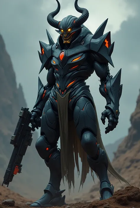 Depict a Mazarek alien in a powerful stance, wearing futuristic, advanced battle armor with angular, menacing designs. The armor is dark, metallic, with glowing red highlights. The alien’s facial features are sharp and demonic, with glowing yellow eyes and...