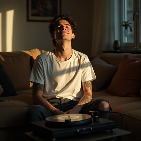 High definition image 20-year-old man eyes closed happy tattoo on his arm daytime image she wears a simple loose white t-shirt and wears loose black jeans torn pants and shade on his clothes he is in the living room listening to music from an old disco pla...