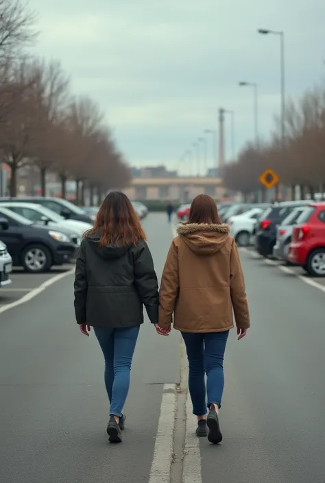 there is a woman and a  walking in a parking lot, with a , estefania villegas burgos, on a parking lot, in spain, very very low quality picture, high quality upload, standing in a parking lot, big and small, at a mall, taken with sony alpha 9, 4 k post, 4k...