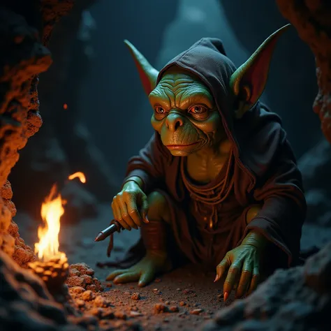  high resolution , Exactly,  masterpiece,  anatomically correct , Beste  quality, Details, Hohe Details,  quality, Hohe  quality,  super detailed , UHD,  textured skin ,  A goblin who sees treasure ,  in a dark cave where a few torches are burning 