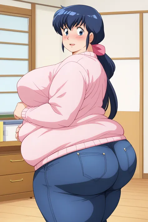 Otonashi Kyoko, Kyoko Otonashi,  long hair, 紺色の髪,low ponytail, pink barrette ribbon, Dark blue eyes,  pink sweater, Blue jeans,  white Y shirt, living room,milf,(fat boobs, fat belly, fat ass),blush,  troubled expression, embarrassed expression,  score_9, ...