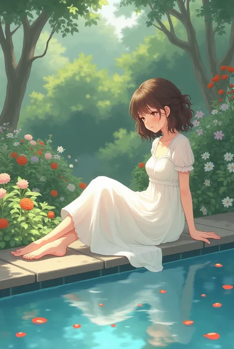  A girl with semi-wavy brown hair, dressed in a garden ,  sitting near a pool .