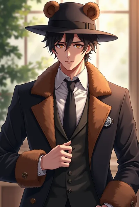 Create a male anime character in bear clothes for me and make him elegant 