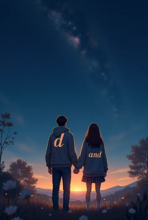 A couple holding hands watching the stars wearing a sweater with the following letters D,and