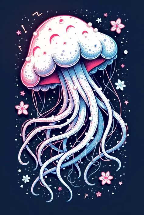 Generate a best colorful image for t-shirt about words name " The jelly fish !!! " fish color in white