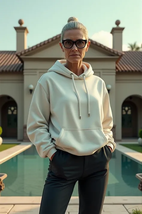 Make a 3D 61  years gangster woman which is standing on the floor and wearing  white hoodie and black pant and wearing  black glasses there was a beautiful villa in the background 