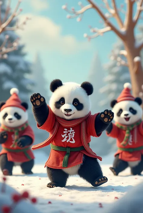 Pandas using Christmas haju have guide writing on shirt