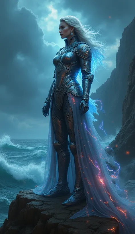 "A legendary warrior woman in enchanted armor with iridescent details, standing on the edge of a cliff overlooking a stormy sea, surrounded by glowing runes and mystical energy, cinematic epic style".