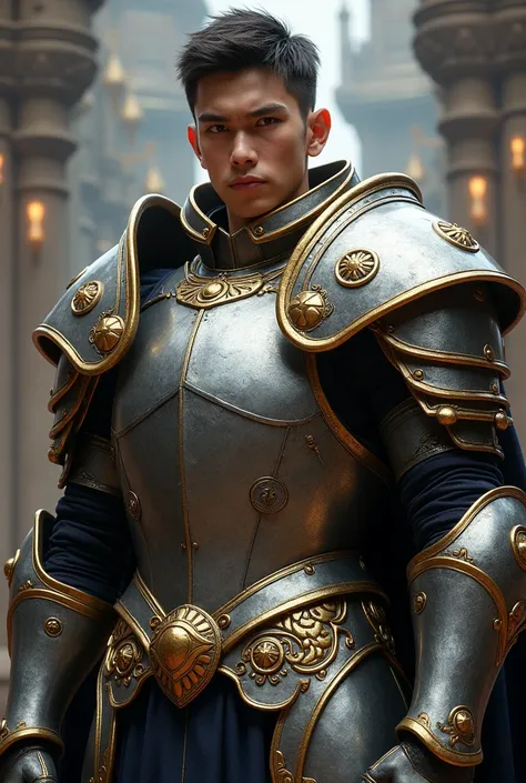 a youthful man with short black hair in bulky armor with a sword, sharp cool expression looking at the camera, epic paladin armor, silver and gold heavy armor, paladin armor, fantasy paladin, paladin golden armor, heavy fantasy armor, heavy white and golde...