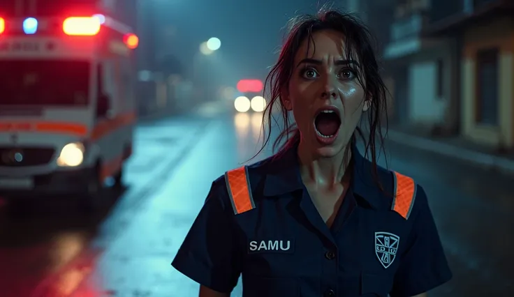 A hyper-realistic and vividly detailed depiction of a stunningly beautiful nurse from Brazils SAMU (Emergency Medical Service), captured in a moment of sheer terror during a nighttime emergency. The setting is illuminated by the red and blue flashing light...