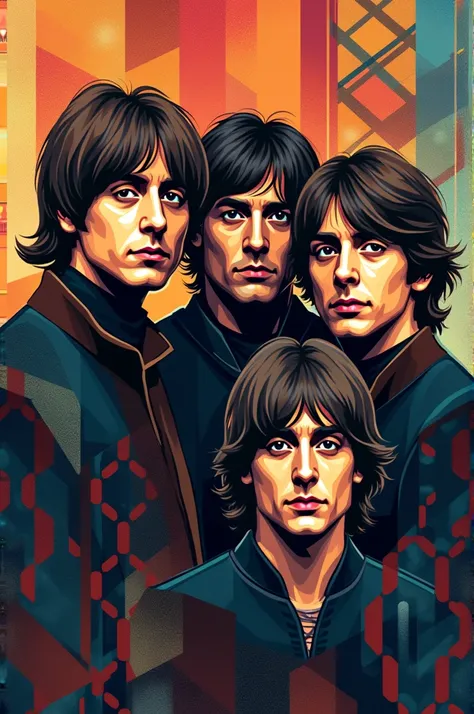 Prompt 

zoom image about geometric graphic illustration of The Beatles in the style of vector cubism, geometric shapes and lines with intricate and complicated color. 