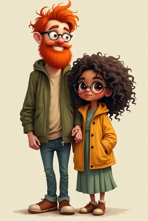 Roddy boy with light skin and orange hair, very tall with barbe and glasse, with a light brown skin girl with big eyes, glasses and curly hair 