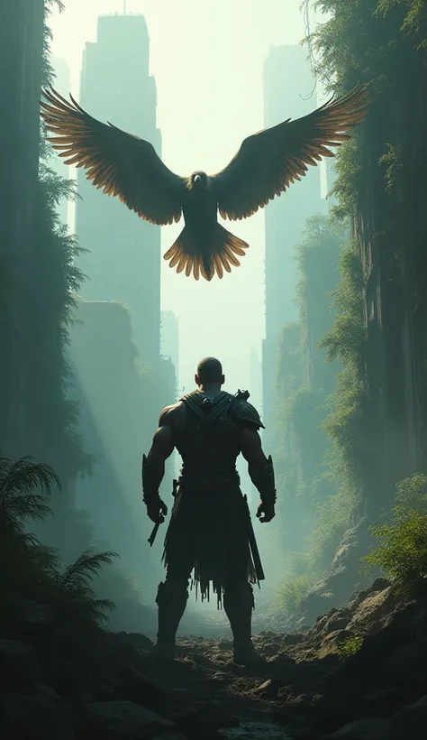 Fighter get with eagle flying. Background aria is apocalyptic jungle city 