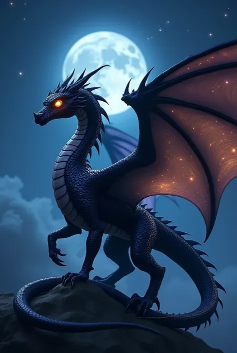 majestic, sleek dragon, with dark, shimmering scales that appear deep blue or violet under the moonlight, symbolizing the night sky and the vastness of your dreams. Its eyes glow with a sharp, intelligent amber hue, reflecting your perceptive and strategic...