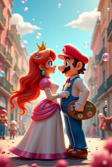 Wedding image of Mario and Peach but Mario Pintor and Peach very long short red hair with Madrid background and bubbles everywhere