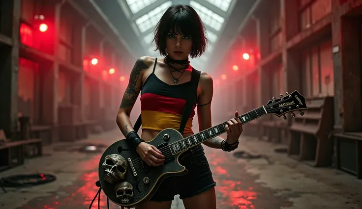 A guitarist with short hair, short clothes with the German flag, piercing eyes and a serious expression, playing a metallic guitar adorned with skulls. Shes in an abandoned factory with rusty floors, flickering red lights, and shadows casting strange shape...