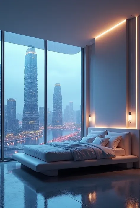  Futuristic room with large windows,  with a city-like landscape in the background , Modern, modern and clean bed , with rain in the background, relaxing.