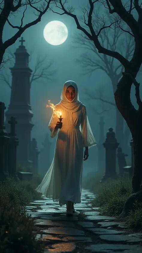 A  girl wearing a flowing white Muslim dress, holding a lit torch, walking cautiously along a stone path in a deserted, eerie cemetery. The surroundings are shrouded in darkness, with faint moonlight casting long shadows. Behind her, a slender, shadowy fig...