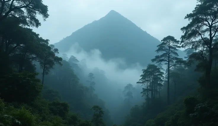 "A mystical view of Mount Salak with mist covering its dense forest. The atmosphere is eerie yet majestic, with towering trees and faint silhouettes of mystical creatures hidden within." Realistic, HD, detailed environment, and emotional focus."
