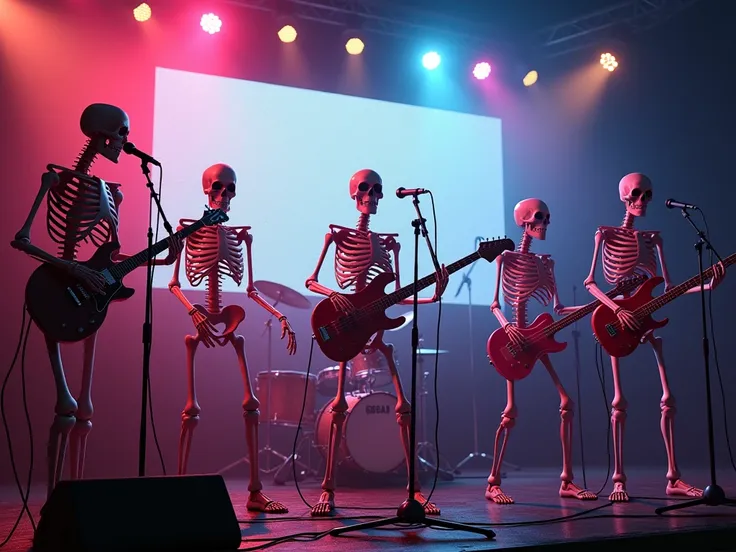 Realistic image of five human skeletons as characters from a rock band. The 5 subjects are playing
on stage with neon lights, smoke, and a giant screen behind them. One sings, the second plays the keyboard, the third plays the electric guitar, the fourth p...