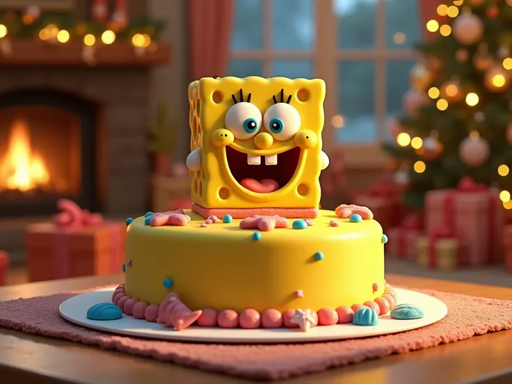 Realistic Disney/Pixar 3D cartoon style. A bright yellow SpongeBob-themed cake, sitting on a decorative table in a festive Christmas setting. The cake is perfectly round, with SpongeBobs cheerful face smiling widely on the front, complete with his iconic l...