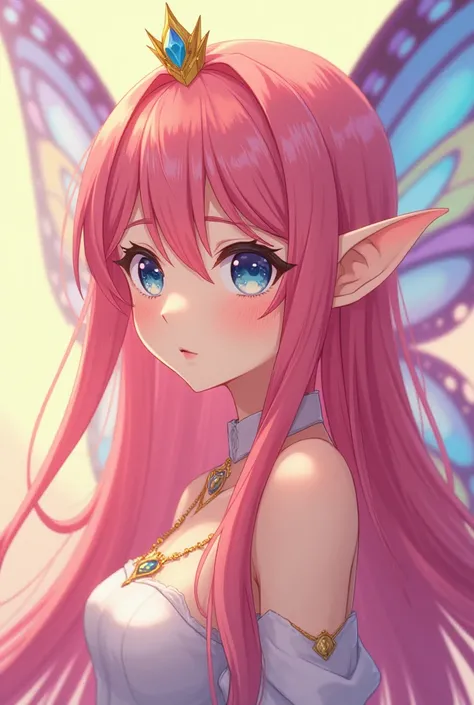 Anime face woman light yellow skin elf ears long pink hair a small yellow crown with a little blu jewel with butterfly rainbow wings sexy big breasts