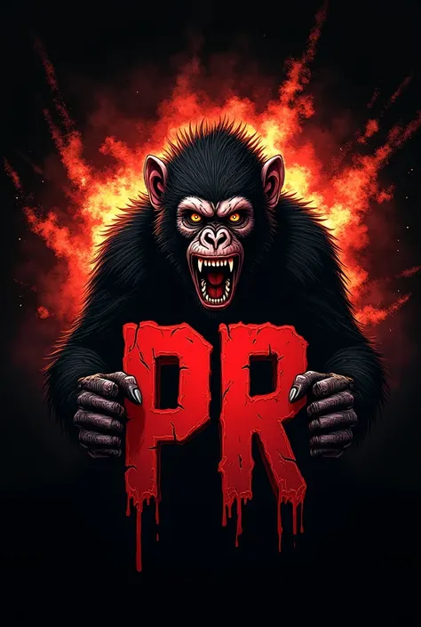  create a logo with the acronym PR and its a scary monkey and a background explosion, Colors between black and red 