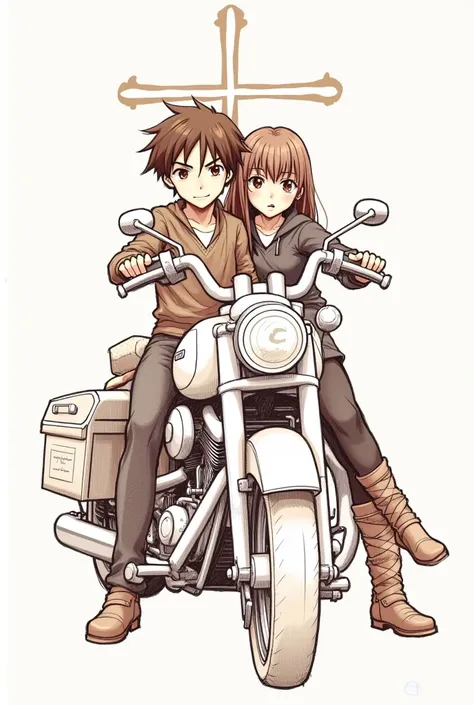 Brown-eyed boy short straight hair and girl ripped brown eyes brown hair together on a white cross motorcycle sketch 
