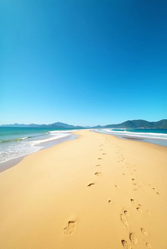  Praia das Palmas Ubatuba, sunny day , blue sky, praia deserta ,  high definition ,   high quality, yellow sand, green sea,  many details, canom t6 50mm,  pegadas na areia