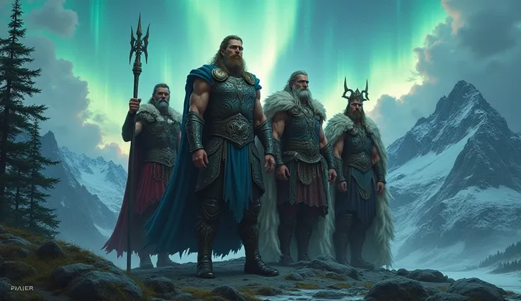 The Aesir Norse gods recreate social order hyper realistic illustration
