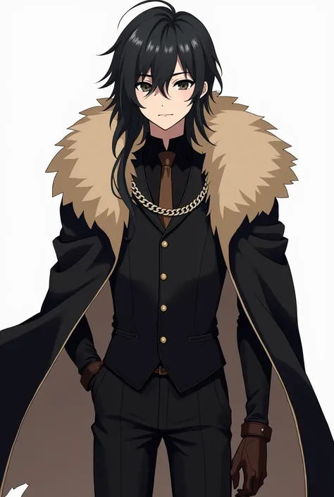 Make it anime style:  a boy with long black hair ,  black eyes,  black dress shirt, elegant black vest ,  brown leather gloves ,  black pants and a long black fur coat with a collar made of light beige fur over his shoulders tied by a chain around his neck...