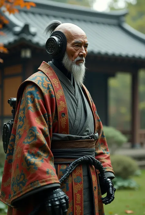 Old japanese man in kimono near his house, but hes an android samurai