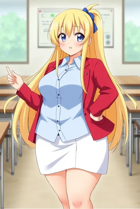 score_9, score_8_up, score_7_up, sauce_anime, Kei Karuizawa, source_anime, white short skirt, red blazer (open), light blue buttoned blouse, is posing, art of kirokaze pixel, anime moe artstyle, blonde anime girl, long hair, pony tail, blue hair tie, waist...