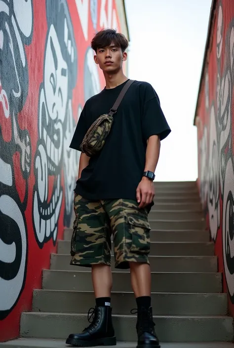 A 40 year old handsome arafed man of Korean race, temp fade hair, height 185 centimeters, weight 82 kilograms, standing on the stairs with a casual and edgy style. He was wearing an oversized black t-shirt with a small bag across his body, camouflage knee-...