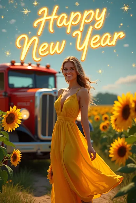 Peterbilt with a bottle of cider and the word happy new year with sparkles and a girl in a yellow dress and sunflower 