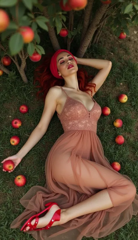  Create a piece of art featuring a woman who embodies the essence of a goddess .  She is wearing a sexy pink brown transparent lace dress . She sleeps gracefully by the tree , Holding an apple . Il y a beaucoup de pommes par terre.  Her hair is red and she...