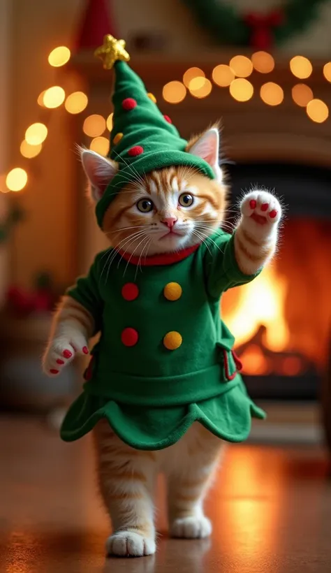 kitten 、(( Im wearing a Christmas tree costume   ))、  Wear a Christmas tree hat  、      cute background、Get up and walk 、       raise your hand 、 Gato real     、8K、      Im walking through a room with a fireplace    