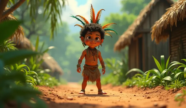 a young boy , indigenous warrior,  with typical Brazilian indigenous clothing, Barefoot in C ~ clay hao , in a village,  surrounded by lush green forest, Pixar style
