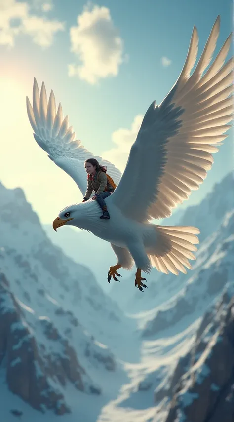 A highly realistic and dynamic  of a young  riding a massive white Eagle, soaring through the skies above a lush Snowy mountains. The eagle’s enormous wings, covered in detailed gray and white feathers, flap powerfully as it glides smoothly through the air...