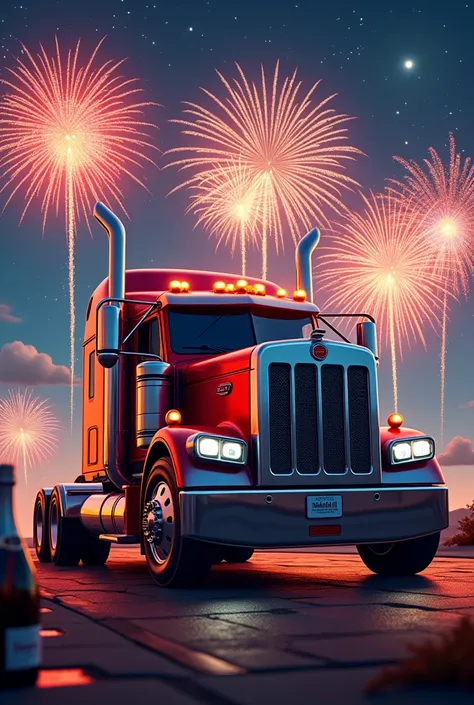 Peterbilt and the word happy new year with fireworks with a bottle of chapang 