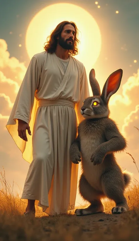  Jesus like an imposing figure ,  with a serene expression, tall and muscular, wearing a white and radiant tunic.  He stands next to a mutant rabbit , Large and strong,  with visible muscles and glowing eyes .  The rabbit is in a heroic posture , with ears...