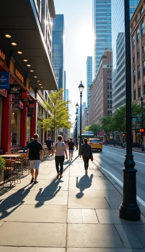 A vibrant city street scene captured from a first-person point of view, standing on the sidewalk during the daytime. The perspective shows a bustling urban environment with people walking along the sidewalk, storefronts displaying colorful signs and goods,...