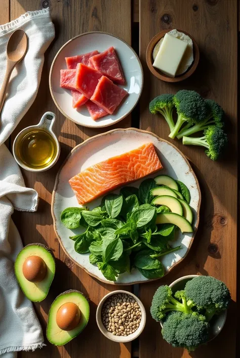 A bird’s-eye view of a beautifully arranged wooden table or countertop, showcasing a variety of healthy foods rich in magnesium. The scene includes: a perfectly seared piece of salmon, a small plate of juicy red meat slices, a couple of eggs in their shell...