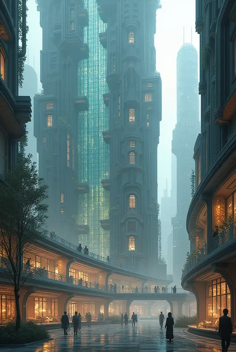 Imaginary city that has a building with giant windows 