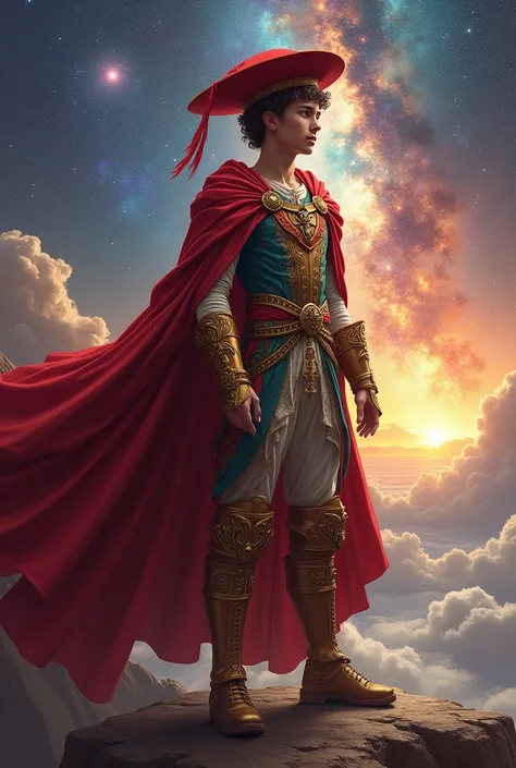 Awesome powerful young noble european astro lord of galaxy man with exuberant clothes big red cloak really colorful dress very beautiful extroverse with big red medieval flat hat 