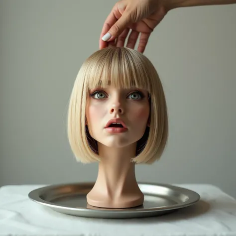 A beautiful, young, dead womans severed head is standing on a silver tray. Side view of the head. She has beautiful, straight, thick, smooth, silky, dark blonde bob hair, with bangs. We see her from side view. A hand is grabbing and pulling her hair on the...