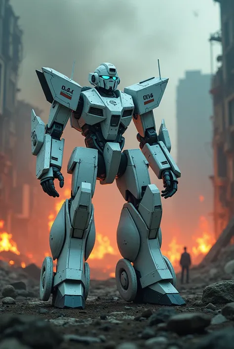 On a post-apocalyptic battlefield, a powerful white mecha warrior stands amidst the ruins, with a backdrop of raging fires and thick smoke. The mechas surface glows with a cold, icy white light, and the number 104 is clearly visible on its chest, shoulders...