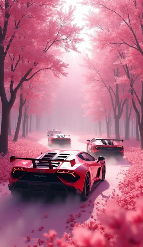 sports cars in a forest of pink trees