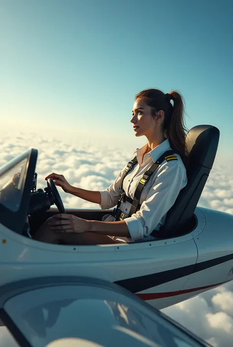 A woman flying a plane with her feet